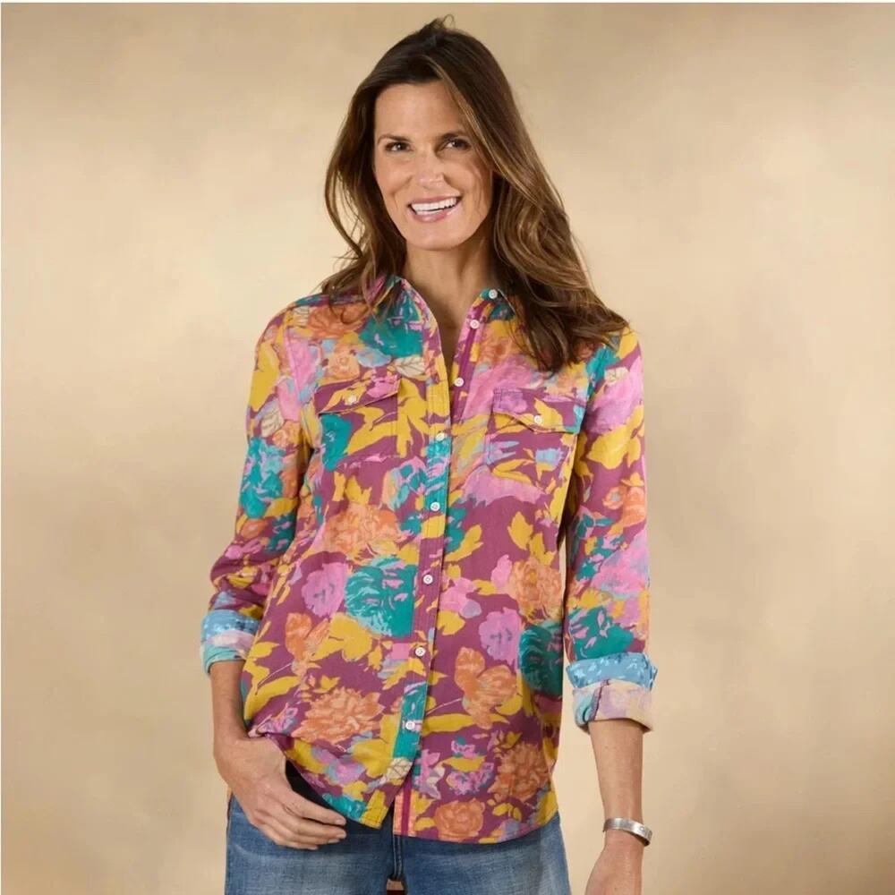Sundance Floral Joy Button Down Shirt Pink Orange Large